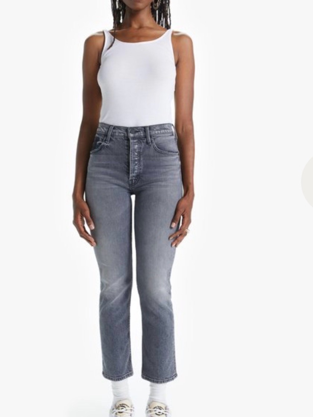 MOTHER Tomcat Ankle High-Rise Straight Jeans in Washed Gray “All Nighter”